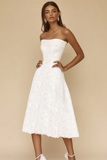 A-Line Strapless Lace Tea Length Little White Graduation Dress